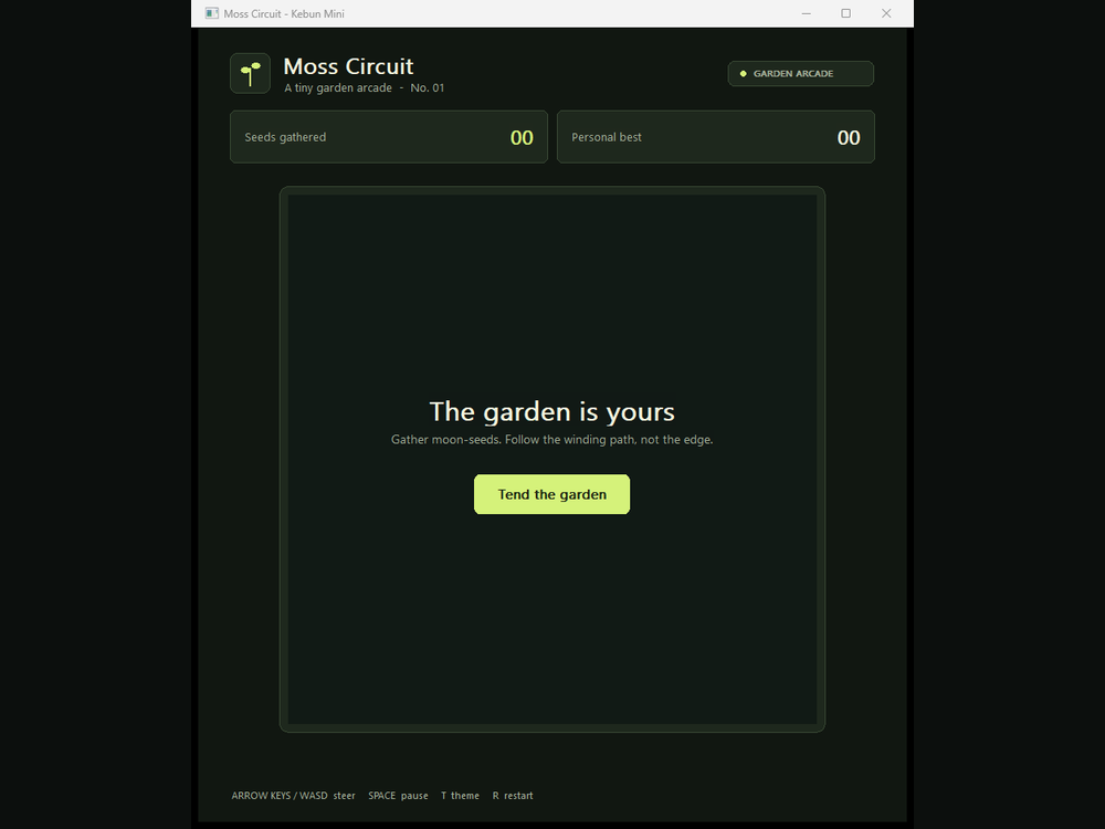 Tampilan game Moss Circuit di Windows: header Garden Arcade, kartu skor, papan 24x24, dan tombol Tend the garden